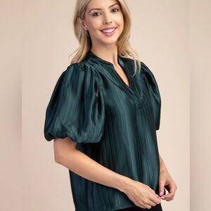 glam Teal Pleated Puff-Sleeve Blouse